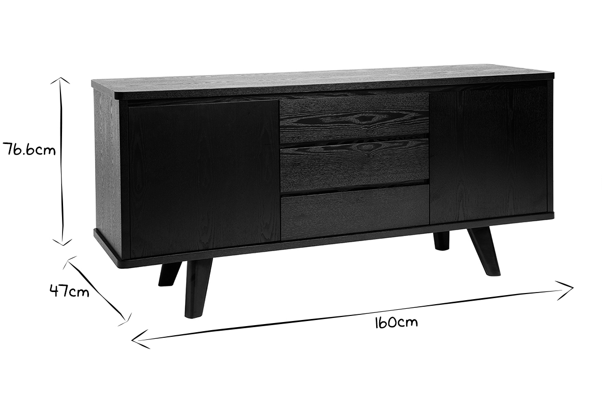 Buffet vintage noir 2 portes 3 tiroirs L160 cm FIFTIES
