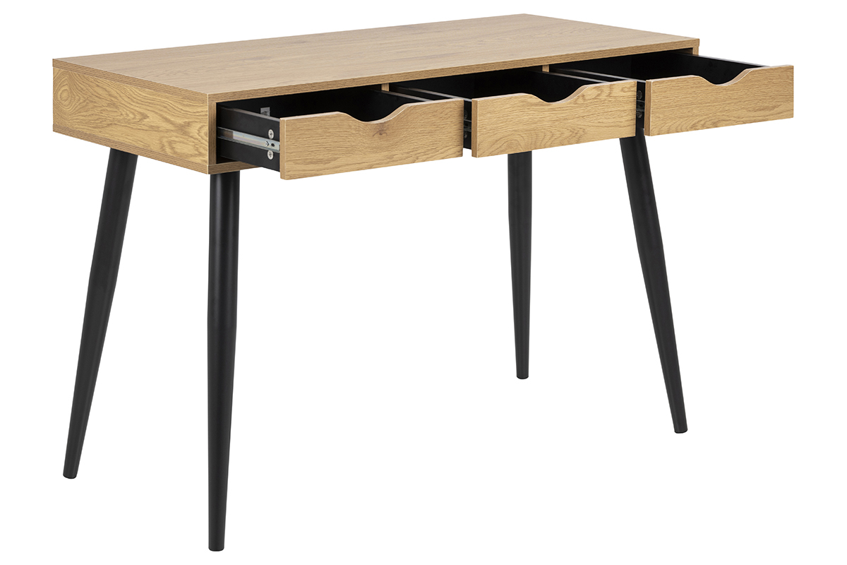Bureau � rangements 3 tiroirs industriel bois clair ch�ne et m�tal noir L110 cm BALZAC