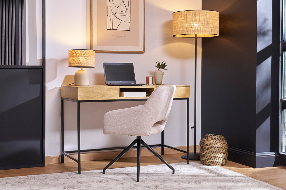 Bureau  rangements industriel bois manguier massif et mtal noir L118 cm YPSTER