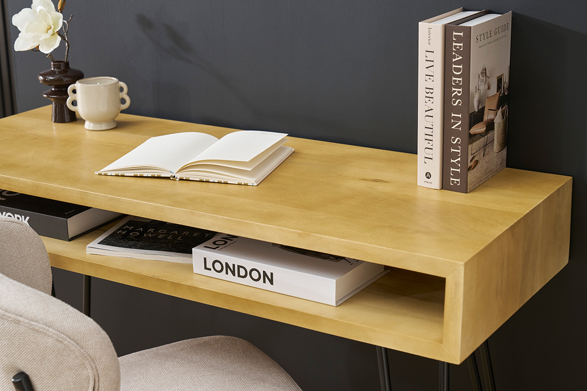 Bureau avec rangement en bois manguier massif et mtal noir L116 cm VIBES