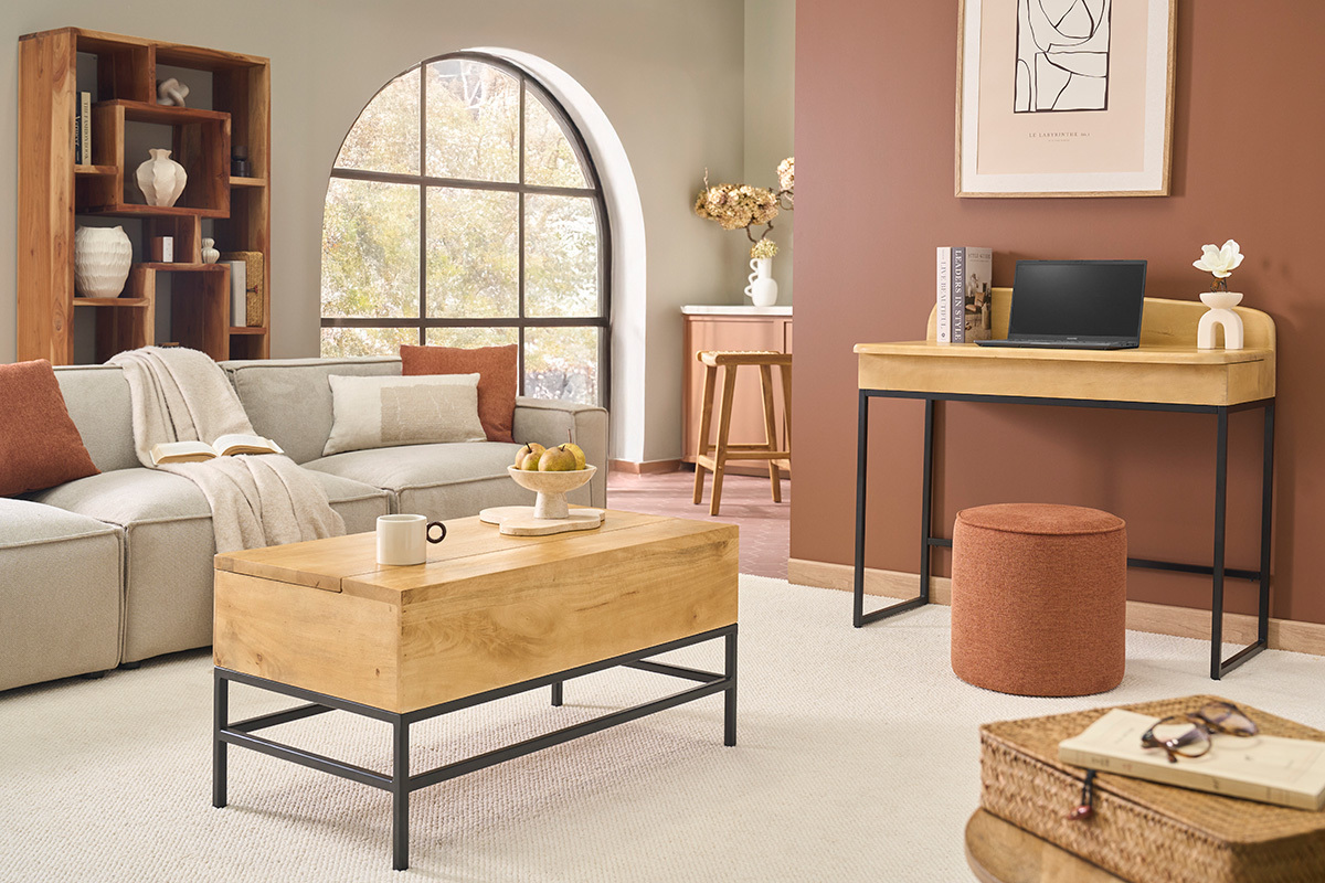 Bureau avec rangement en bois manguier massif L100 cm SHIVA