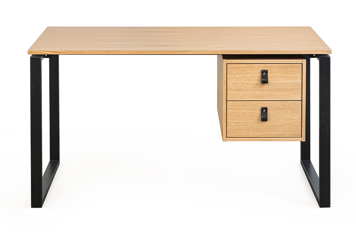 Bureau avec rangements 2 tiroirs bois clair chêne et métal noir L138 cm OPAL