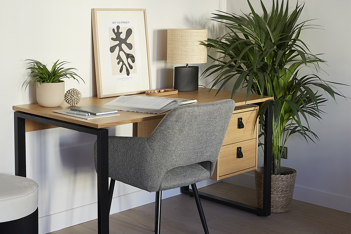 Bureau avec rangements 2 tiroirs bois clair chêne et métal noir L138 cm OPAL