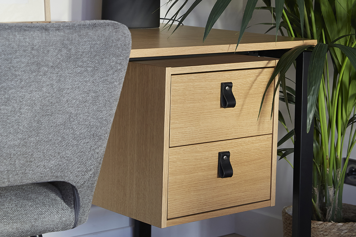 Bureau avec rangements 2 tiroirs bois clair chêne et métal noir L138 cm OPAL