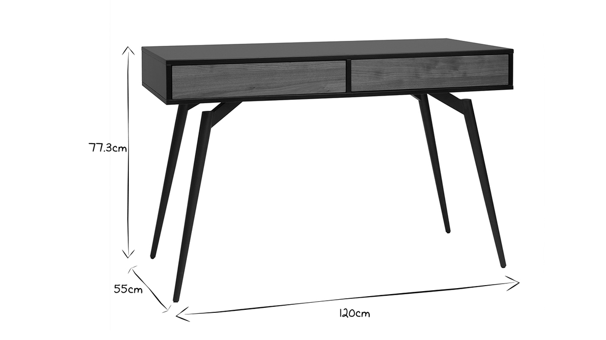 Bureau avec rangements 2 tiroirs design noir mat et bois fonc noyer L120 cm TRIPOLI