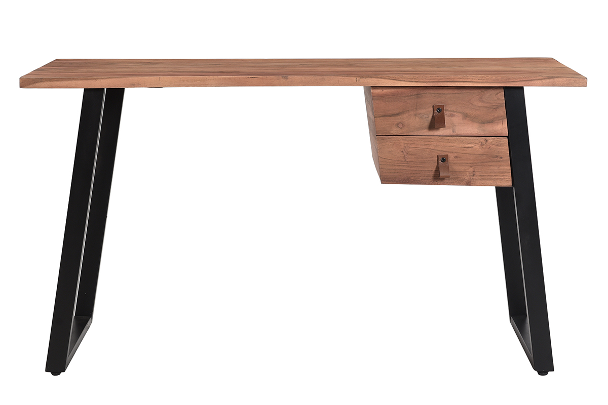 Bureau avec rangements 2 tiroirs industriel bois massif et mtal noir L140 cm GINGER