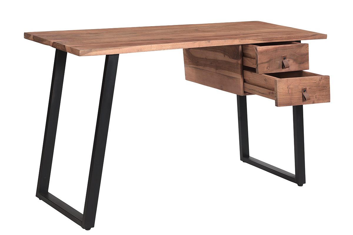 Bureau avec rangements 2 tiroirs industriel bois massif et mtal noir L140 cm GINGER