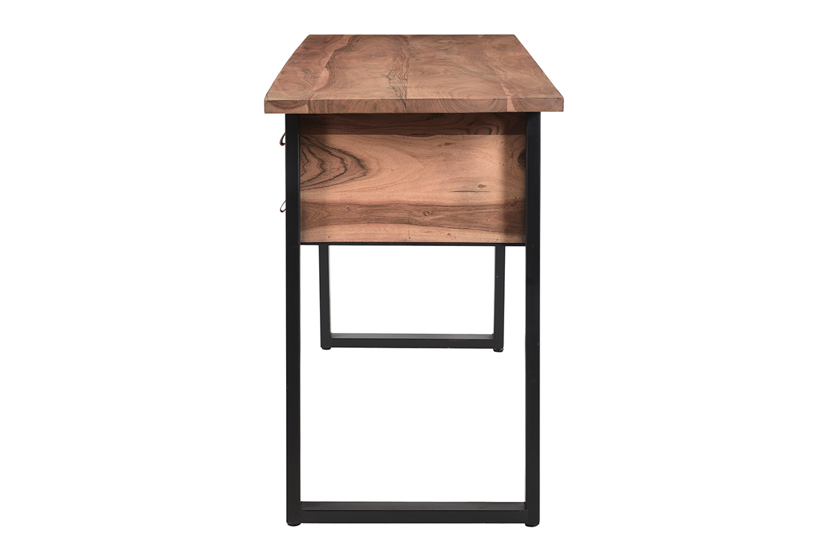 Bureau avec rangements 2 tiroirs industriel bois massif et mtal noir L140 cm GINGER