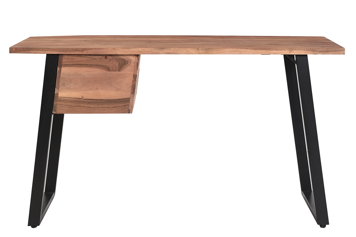 Bureau avec rangements 2 tiroirs industriel bois massif et mtal noir L140 cm GINGER