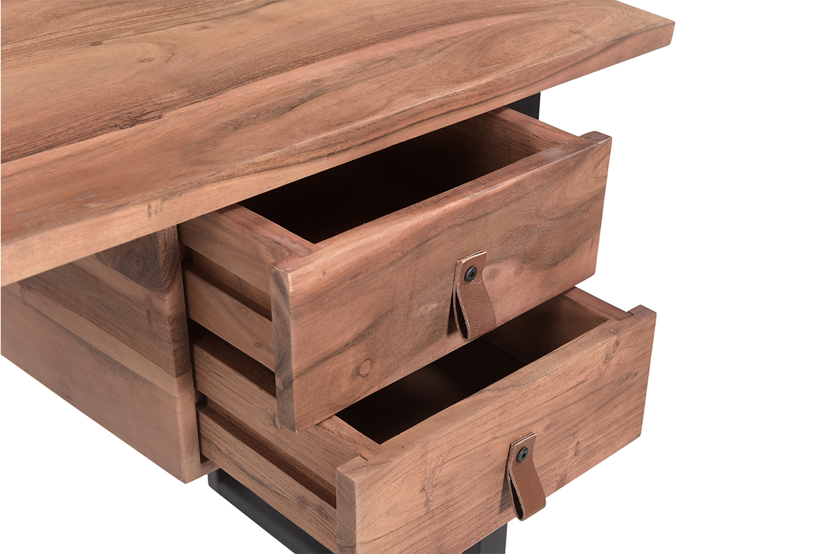 Bureau avec rangements 2 tiroirs industriel bois massif et mtal noir L140 cm GINGER