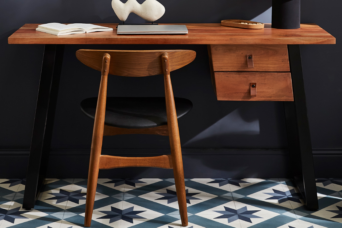 Bureau avec rangements 2 tiroirs industriel bois massif et mtal noir L140 cm GINGER