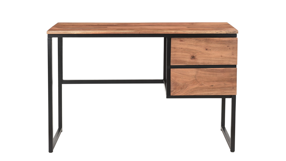 Bureau style industriel 2 tiroirs tiroir métal noir plateau MDF aspect bois