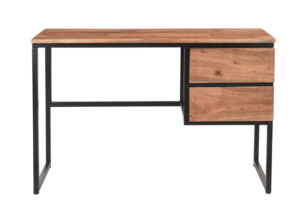 Bureau avec rangements 2 tiroirs industriel en bois massif et mtal noir L115 cm HOORN