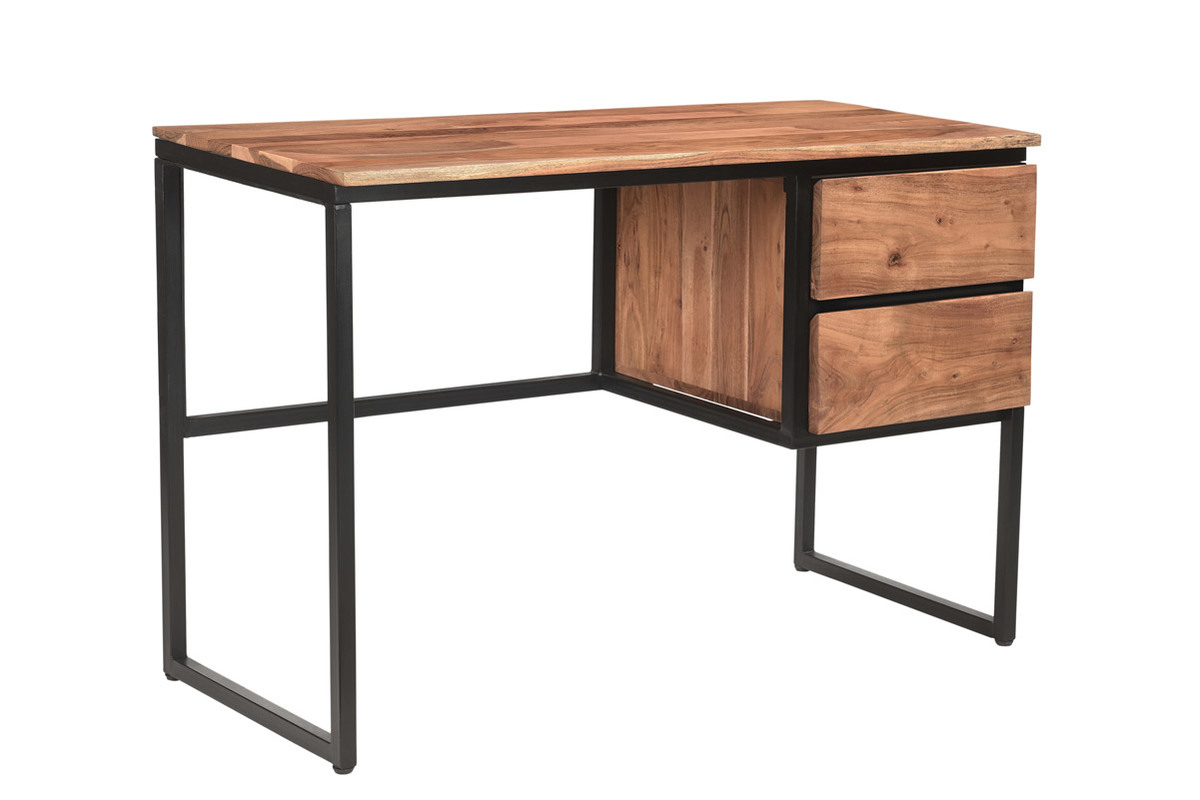 Bureau avec rangements 2 tiroirs industriel en bois massif et mtal noir L115 cm HOORN