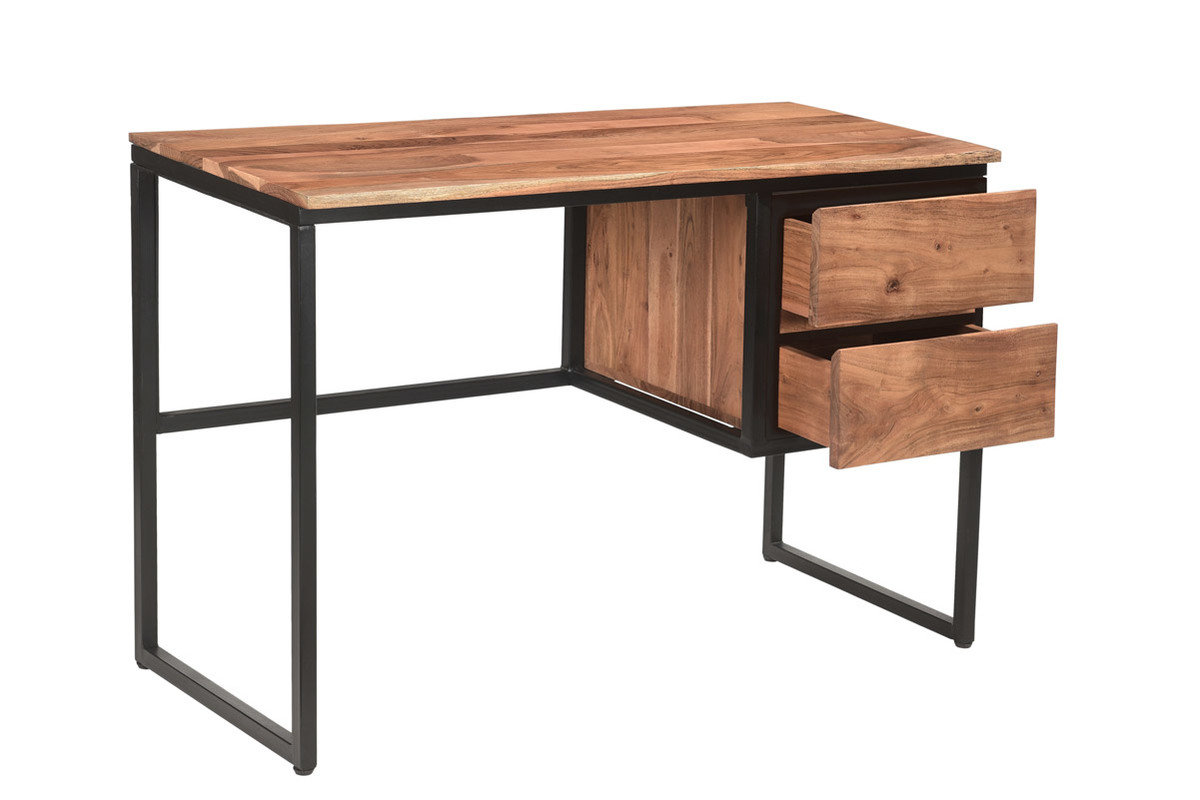 Bureau avec rangements 2 tiroirs industriel en bois massif et mtal noir L115 cm HOORN