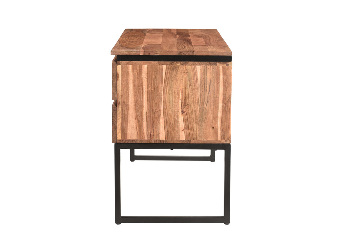 Bureau avec rangements 2 tiroirs industriel en bois massif et mtal noir L115 cm HOORN