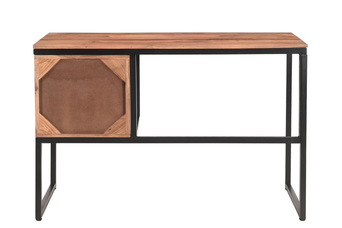 Bureau avec rangements 2 tiroirs industriel en bois massif et mtal noir L115 cm HOORN