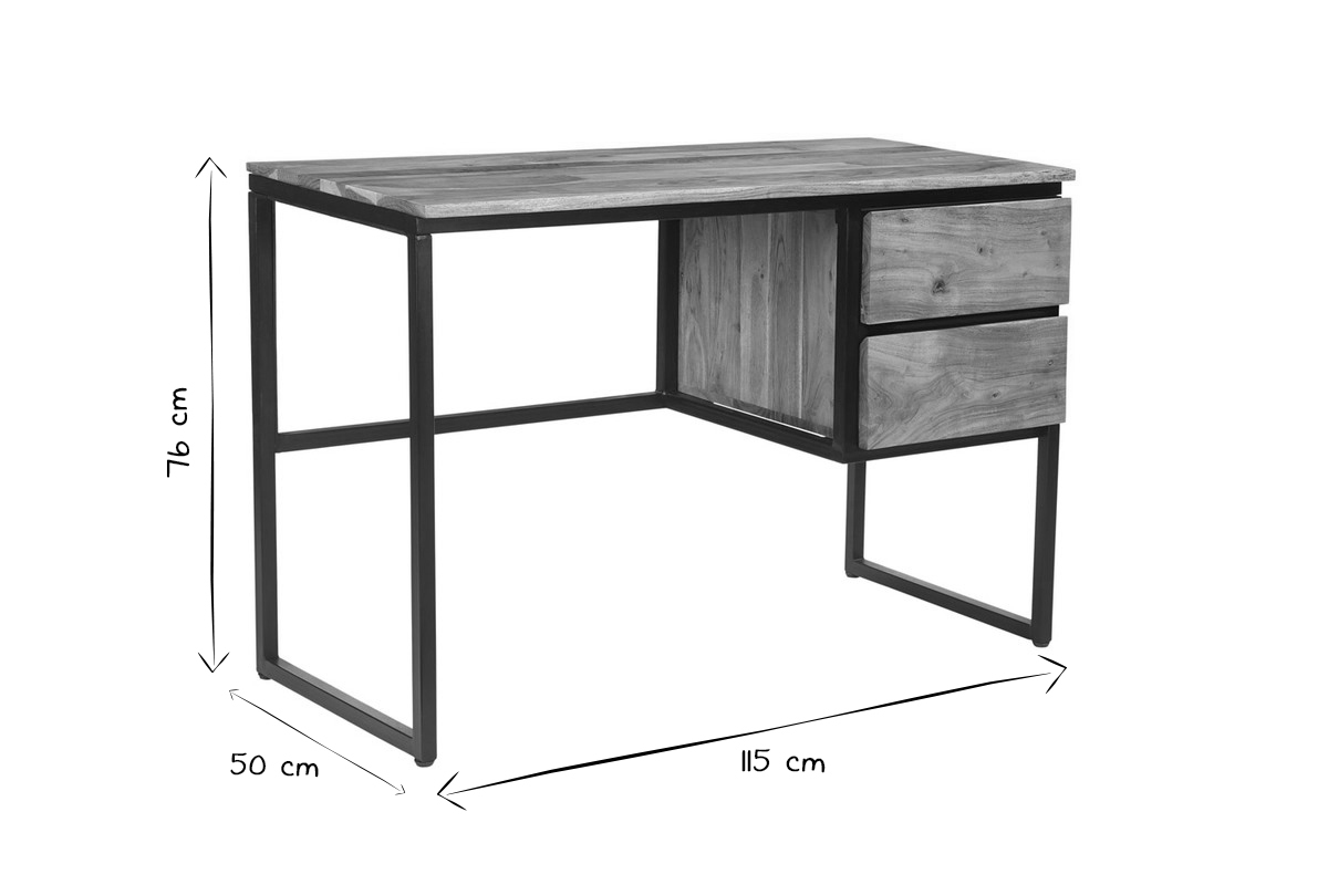 Bureau avec rangements 2 tiroirs industriel en bois massif et mtal noir L115 cm HOORN