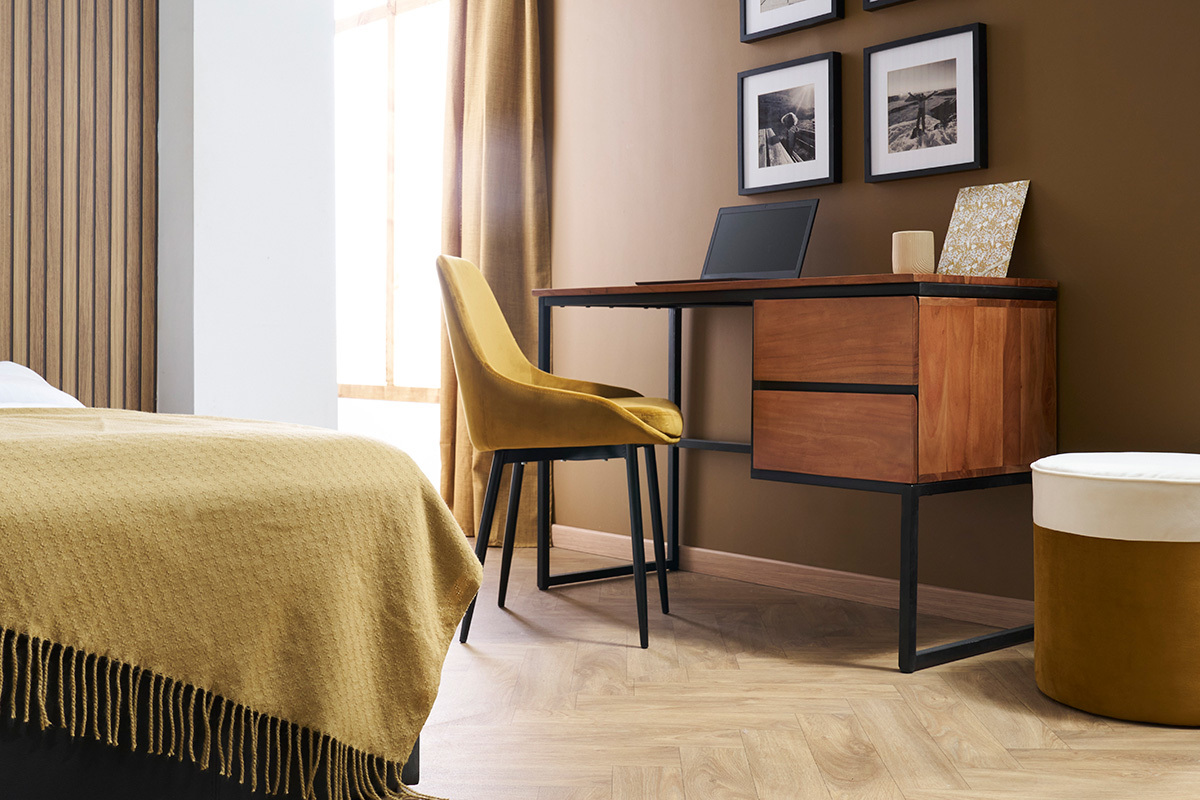 Bureau avec rangements 2 tiroirs industriel en bois massif et mtal noir L115 cm HOORN