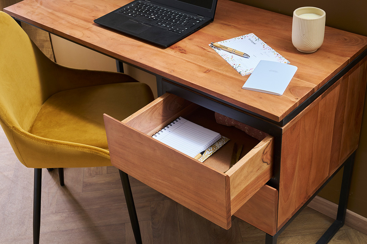 Bureau avec rangements 2 tiroirs industriel en bois massif et mtal noir L115 cm HOORN