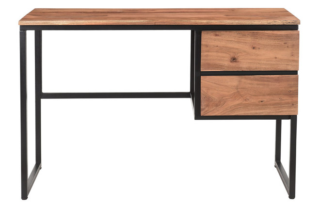 Bureau style industriel 2 tiroirs tiroir métal noir plateau MDF aspect bois