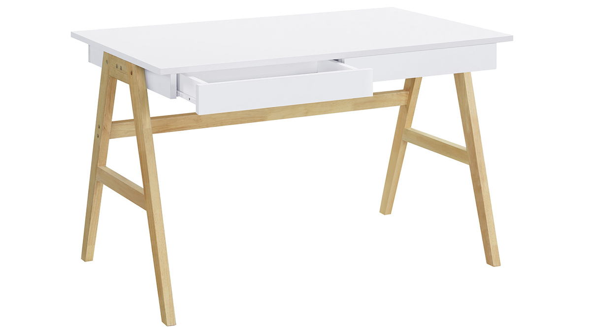 Bureau avec rangements 2 tiroirs scandinave blanc et bois clair chne L120 cm BROOK