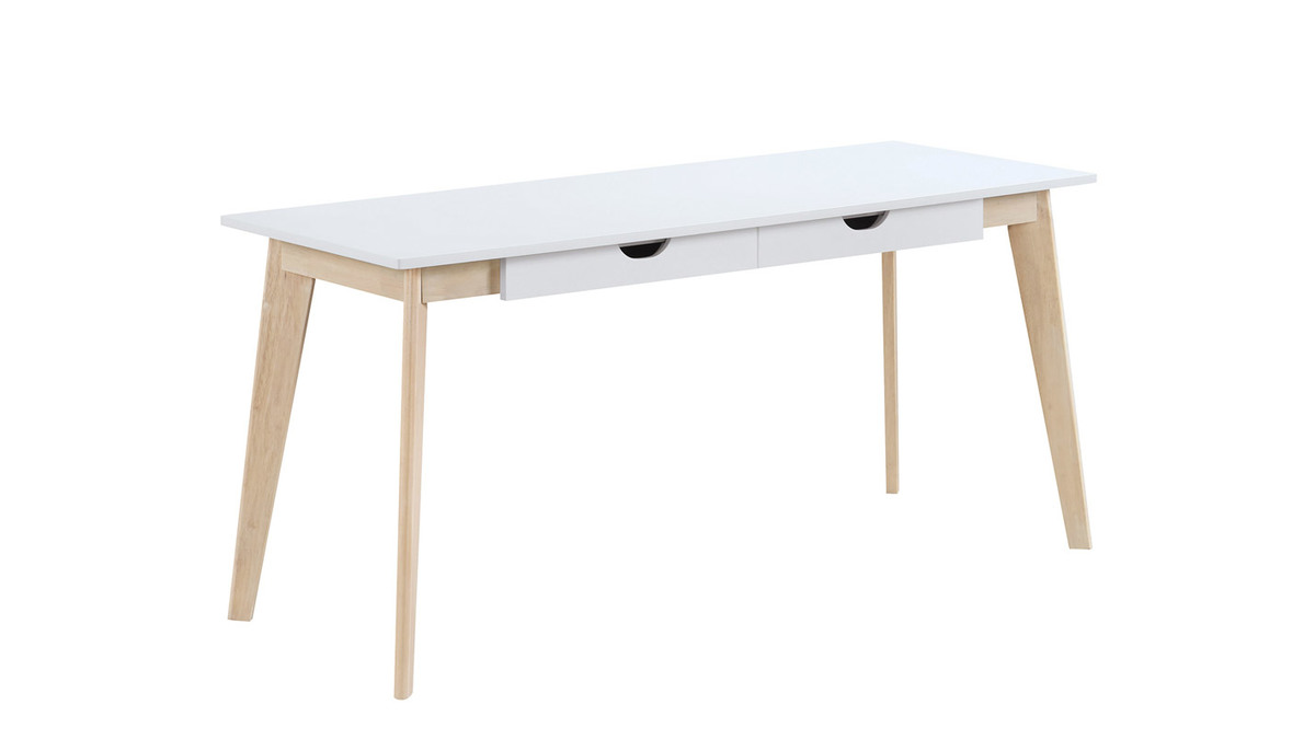 Bureau avec rangements 2 tiroirs scandinave blanc et bois clair L160 LEENA