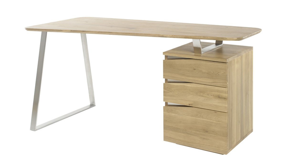 Bureau avec rangements 3 tiroirs bois clair et acier chrom L150 cm JANIS