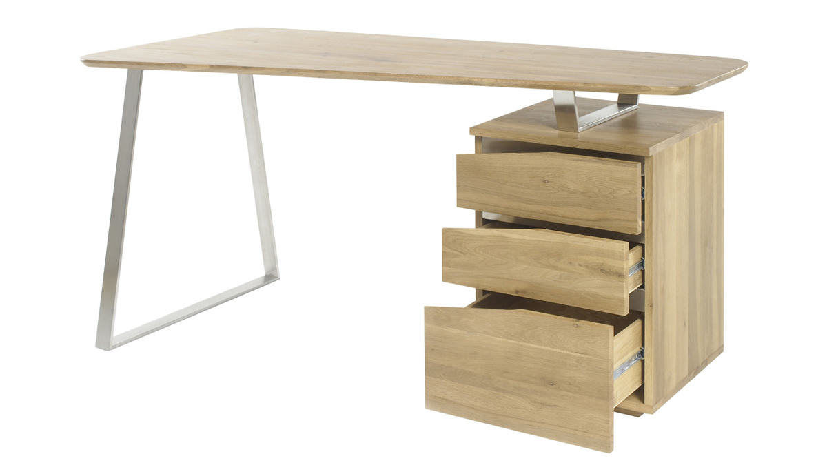 Bureau avec rangements 3 tiroirs bois clair et acier chrom L150 cm JANIS