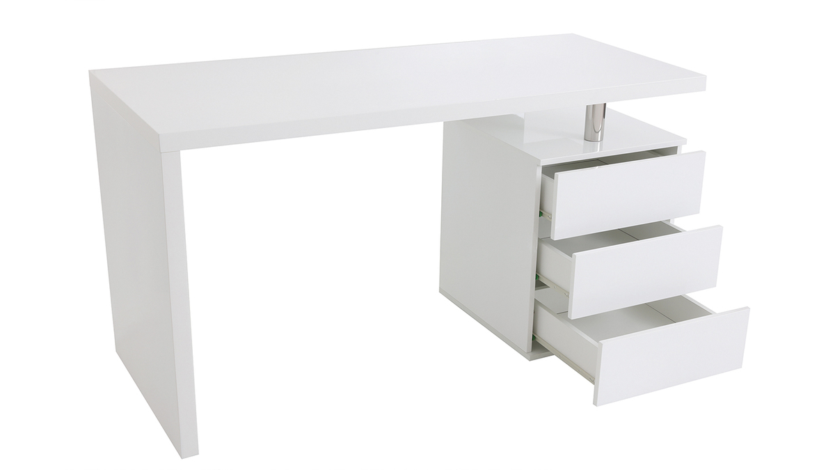 Bureau avec rangements 3 tiroirs design blanc laqu brillant L140 cm CALIX