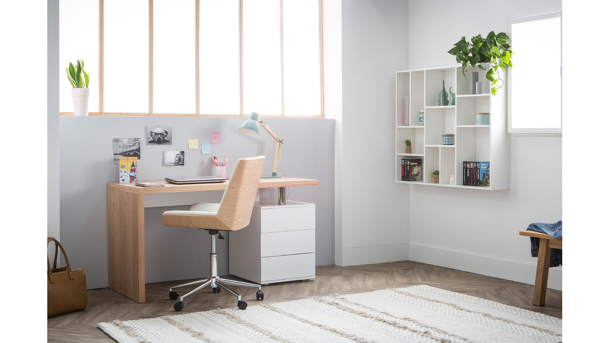 Bureau avec rangements 3 tiroirs design bois clair chne et blanc L140 cm CALIX