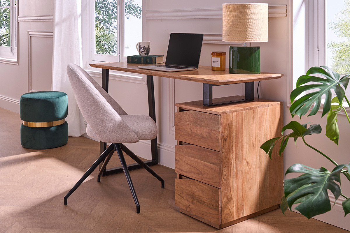 Bureau avec rangements 3 tiroirs industriel bois massif et mtal noir L130 cm HORACE