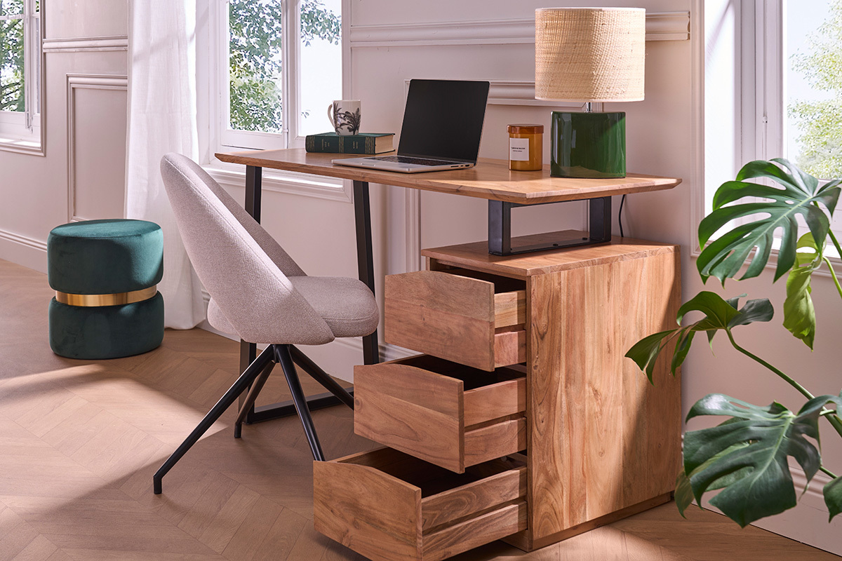 Bureau avec rangements 3 tiroirs industriel bois massif et mtal noir L130 cm HORACE