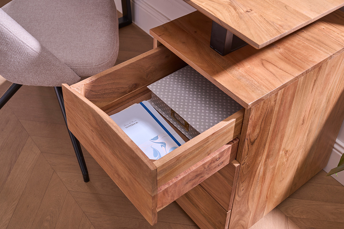 Bureau avec rangements 3 tiroirs industriel bois massif et mtal noir L130 cm HORACE