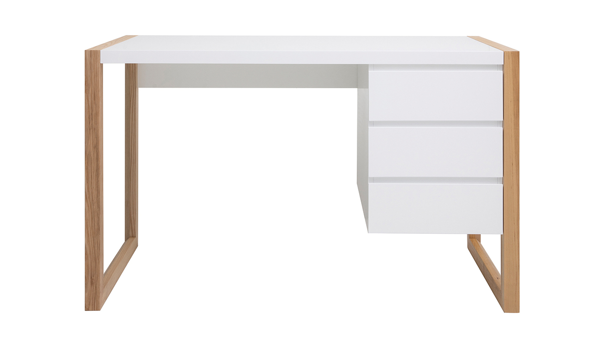 Bureau avec rangements 3 tiroirs scandinave blanc mat et bois clair chêne massif L130 cm ARMEL