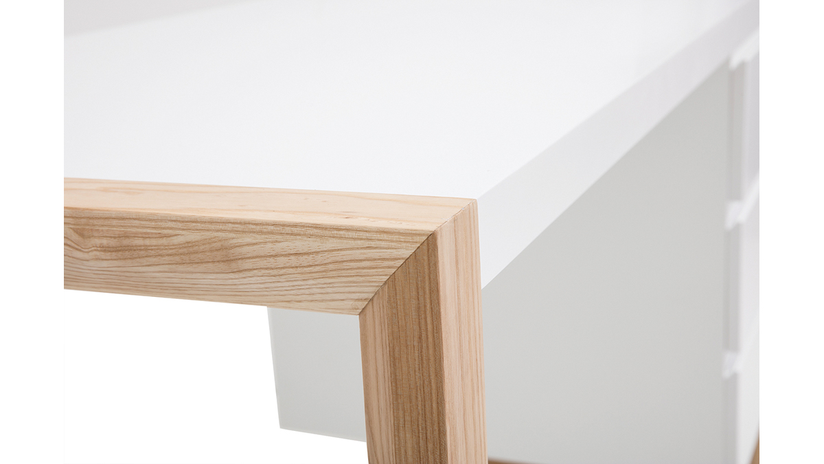 Bureau avec rangements 2 tiroirs scandinave blanc et bois clair L160 LEENA  - Miliboo