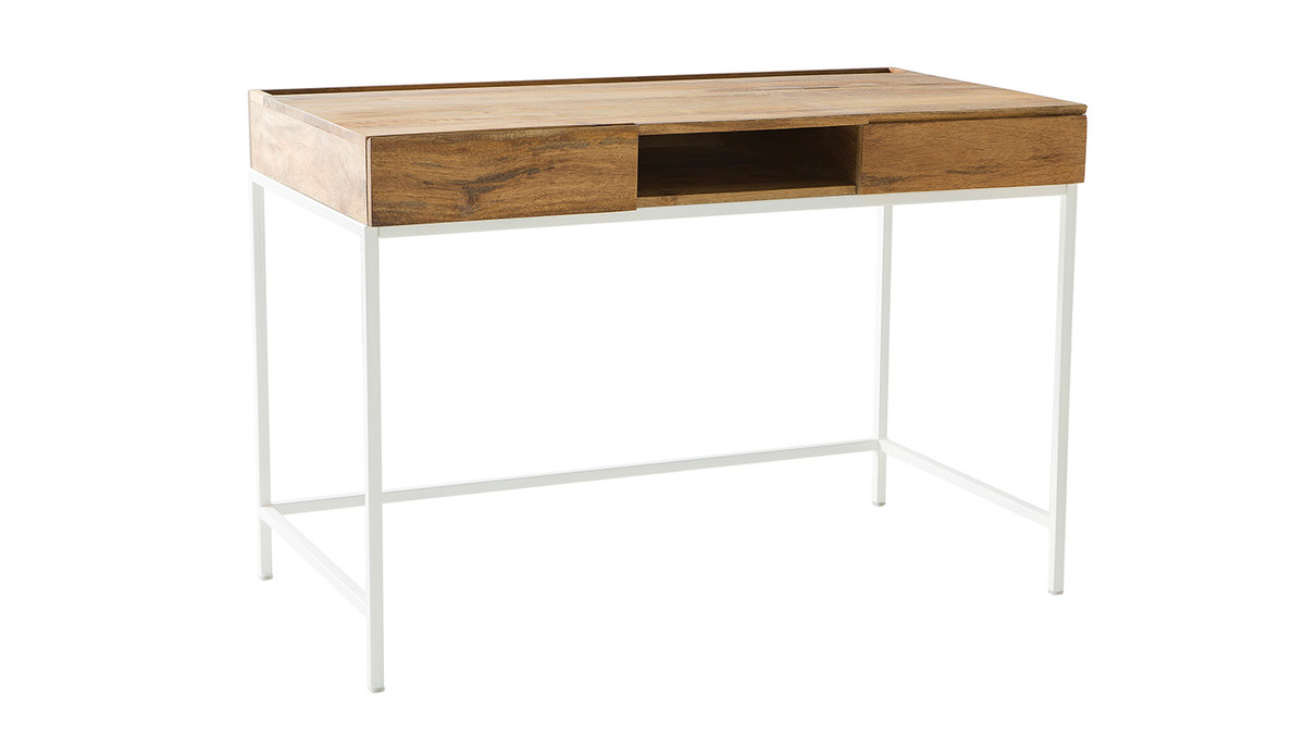 Bureau avec rangements bois clair manguier massif et mtal blanc L118 cm BOHO