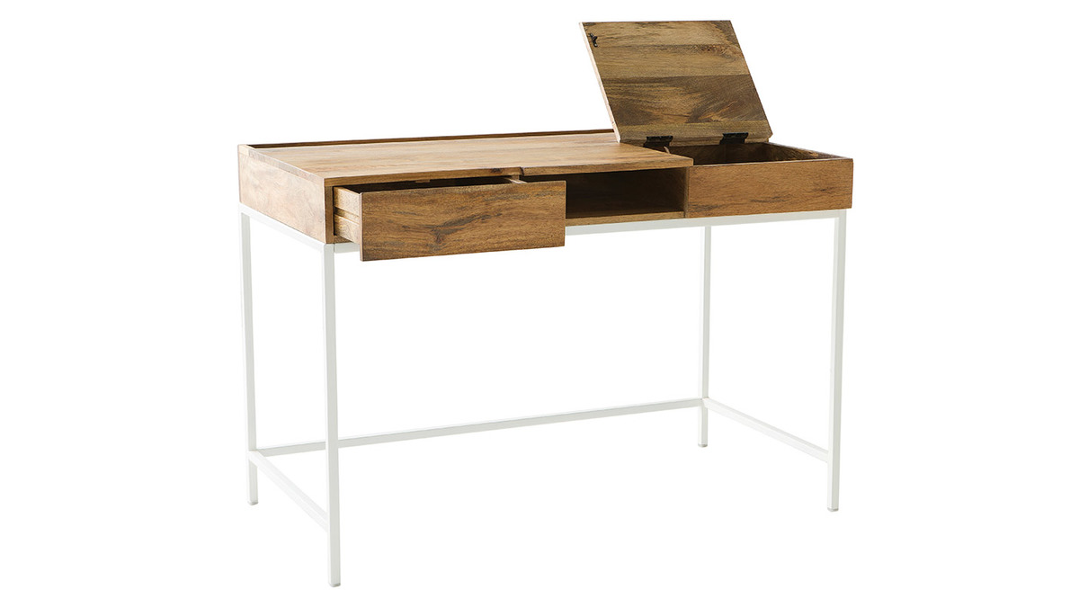 Bureau avec rangements bois clair manguier massif et mtal blanc L118 cm BOHO