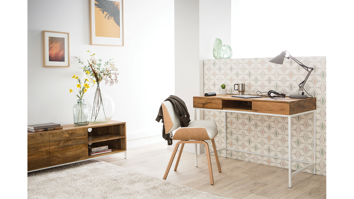 Bureau avec rangements bois clair manguier massif et mtal blanc L118 cm BOHO