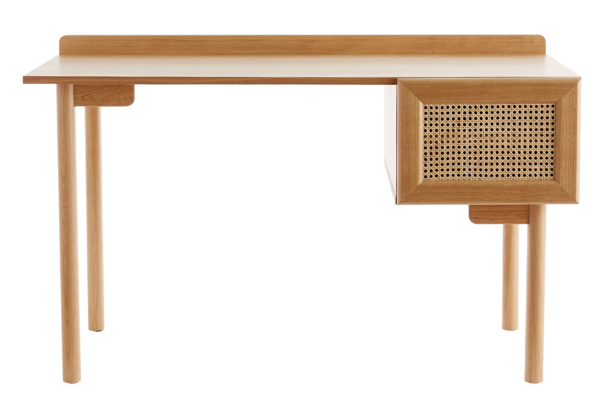 Bureau avec rangements vintage bois clair chne et cannage naturel L130 cm ANTIK