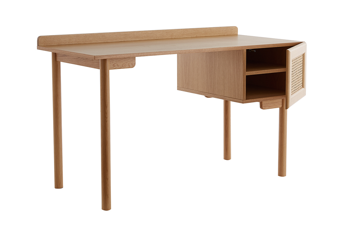 Bureau avec rangements vintage bois clair chne et cannage naturel L130 cm ANTIK