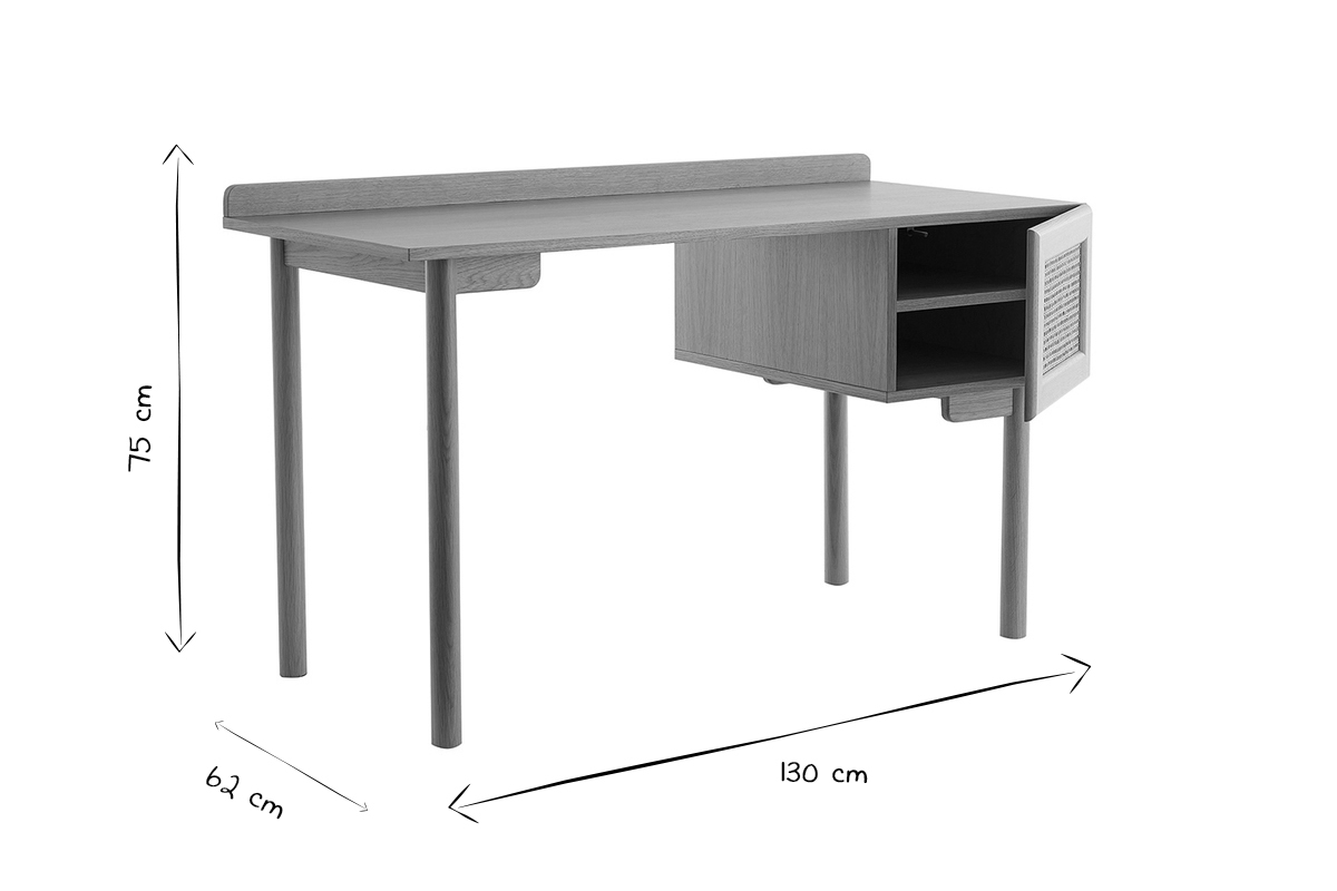 Bureau avec rangements vintage bois clair chne et cannage naturel L130 cm ANTIK