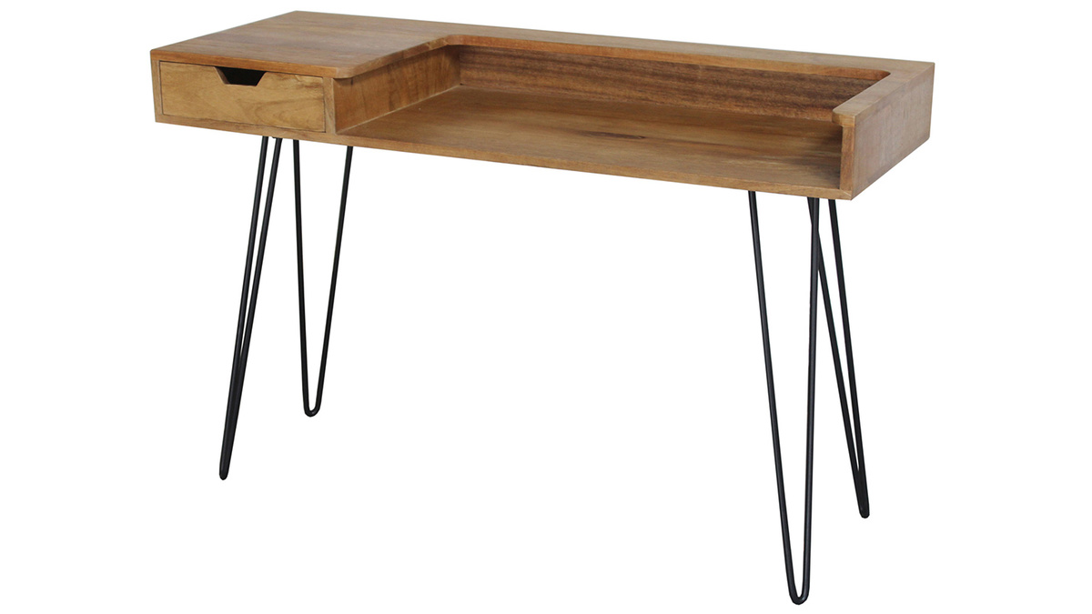 Bureau avec tiroir bois clair manguier massif et mtal noir L116 cm VIBES