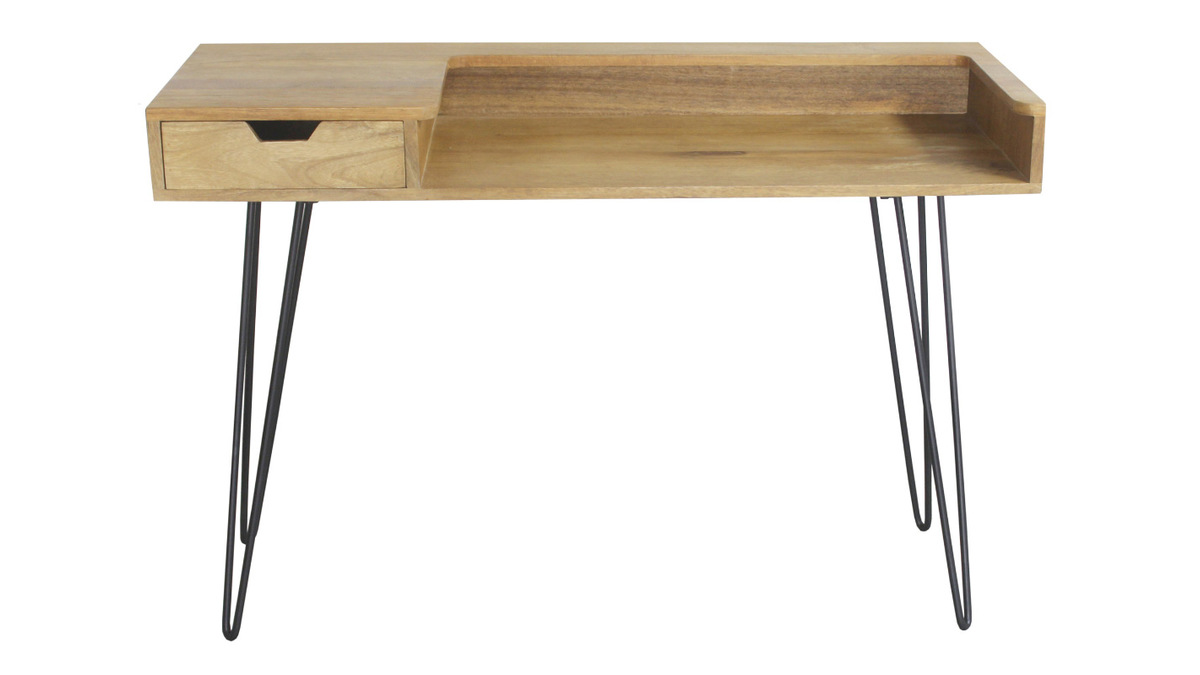 Bureau avec tiroir bois clair manguier massif et mtal noir L116 cm VIBES