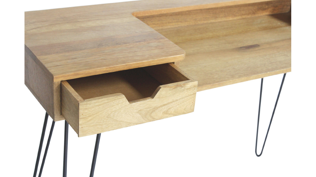 Bureau avec tiroir bois clair manguier massif et mtal noir L116 cm VIBES