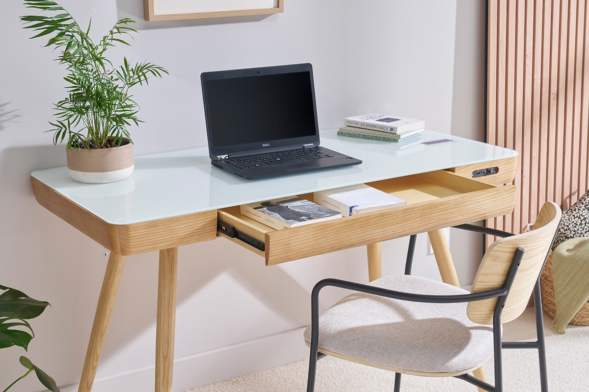 Bureau connect multimdia avec tiroir en verre et bois clair L120 cm CLEVER