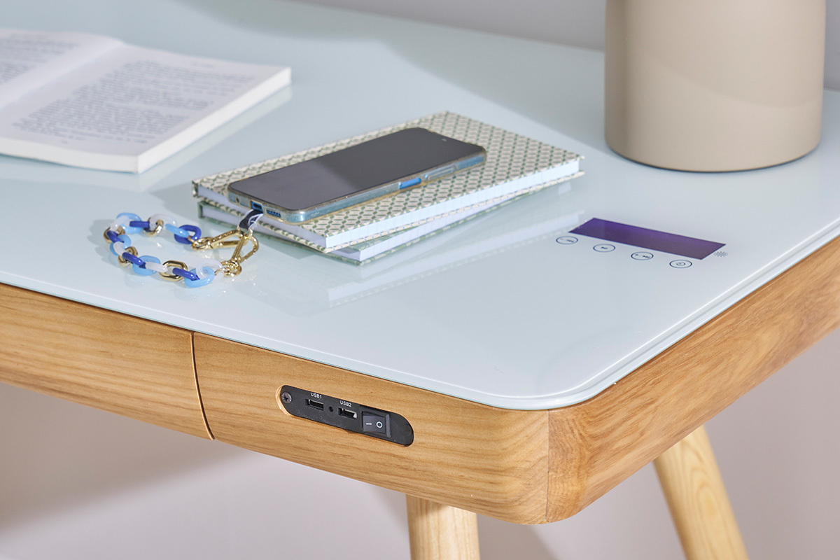 Bureau connect multimdia avec tiroir en verre et bois clair L120 cm CLEVER
