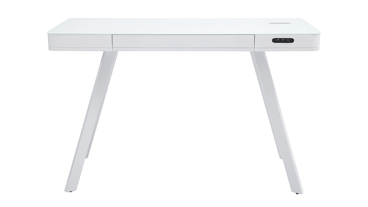 Bureau connect multimdia avec tiroir en verre et mtal blanc L120 cm CLEVER