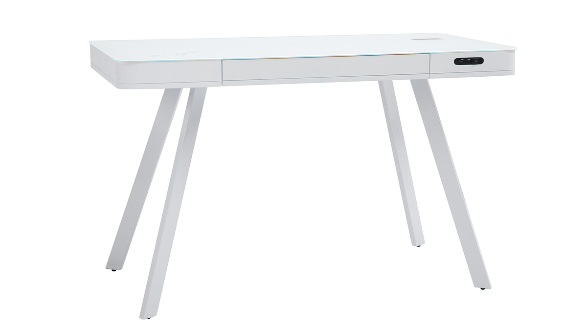 Bureau connect multimdia avec tiroir en verre et mtal blanc L120 cm CLEVER