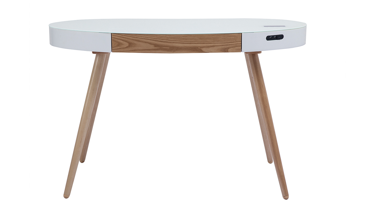 Bureau connect multimdia verre blanc et bois clair L120 cm HANDY